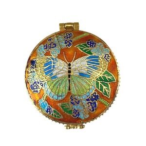 Vintage Cloisoinne Enamel Butterfly Trinket Pill Box Orange Blue Floral Gold